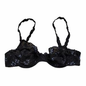 90s French Vintage Passionata Unlined Floral Lace Embroidery Bra (Black/Blue)34B